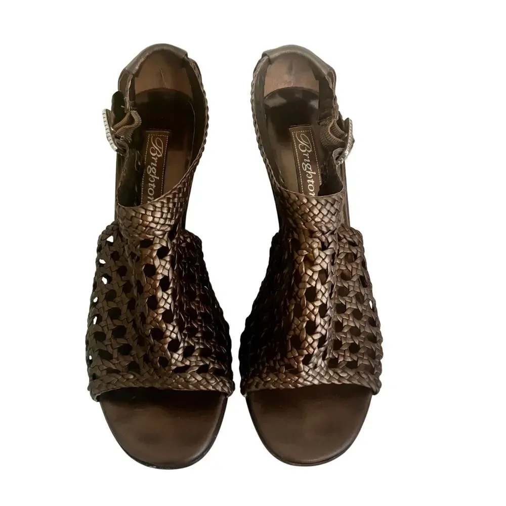 Brighton Realm Bronze Leather Woven Basketweave Wedge Sandals Feminine Boho